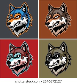 Set of aggressive wolf head mascot logo, vector illustration for sports and esports team identity