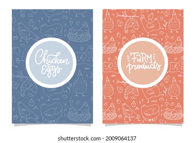 Set of agricultural brochure Covers . Linear Images of cocks, hens and chickens. Outline A4 composition. Background for, flyers, banners with lettering texts. Vector cute illustration