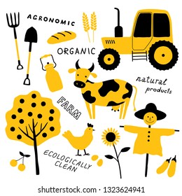 Set of agricultural and farm tools, animals, plants and machinery. Cartoon cow, chicken, tractor, scarecrow. Organic food. Funny doodle hand drawn vector illustration. Isolated on white.