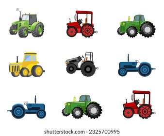 Set Of Agricultural Farm Transport Tractors Cartoon Vector Illustration Design Collection. 3D Illustration Vehicle Tractor For Farm. Industrial Vehicles Premium Vector Set With White Background.