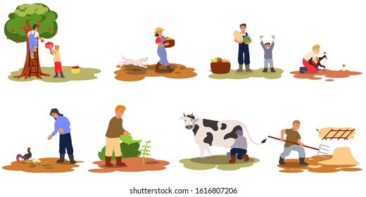 Set of Agricultural farmers activity planting crops, gathering fruit, seeding, feeding pet, milking cow, etc.