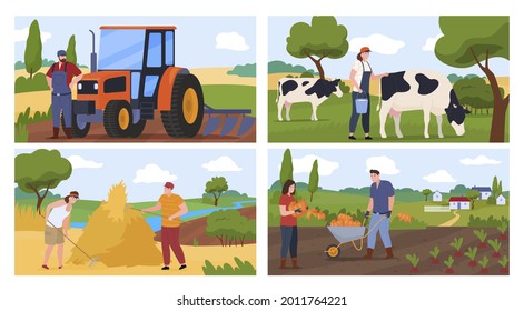 Set agricultural farmers vector flat illustration. Collection man and woman enjoy countryside lifestyle plow land with tractor, milk cow, picking harvest, tossing hay. Work or hobby outdoor activity