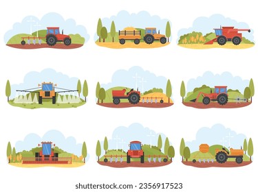 Set of agricultural farming heavy machinery tractors and combine harvesters on countryside field. Rural machine cultivating, plowing land and gathering crop vector illustration. Agro business concept