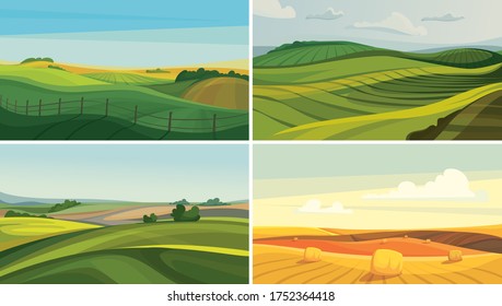 Set of agricultural fields. Summer nature sceneries.