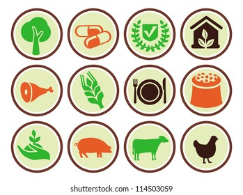 Set of agricultural icons - design elements with signs of animals and plant