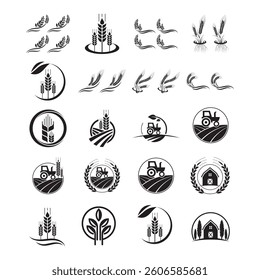 Set of Agricultural Icons Featuring Wheat, Tractors, and Farm Elements