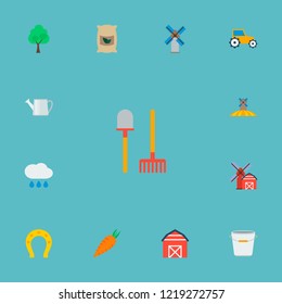 Set of agricultural icons flat style symbols with horseshoe, pail, tractor and other icons for your web mobile app logo design.