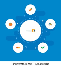 Set of agricultural icons flat style symbols with leaf, pumpkin, handsaw icons for your web mobile app logo design.