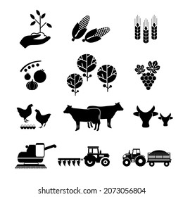 A set of agricultural icons for plant growing, vegetable growing, cattle and poultry