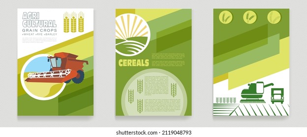 A set of agricultural leaflets, flyers, brochures with a combine harvester harvesting wheat, a tractor in the field, an ecological farm. svg