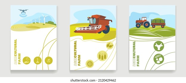 A set of agricultural leaflets, flyers, brochures with a combine harvester harvesting wheat, a tractor in the field, an ecological farm.