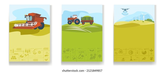 A set of agricultural leaflets, flyers, brochures with a combine harvester harvesting wheat, a tractor in the field, an ecological farm.