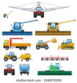 Set agricultural machine: vehicle for cleaning, watering territories, truck for transportation, tractors, cultivators, combine harvester, comercial transport. Farmer's transport. Vector illustration.