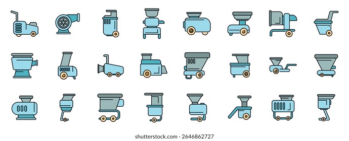 Conjunto de ícones de máquinas agrícolas que retratam vários tipos de equipamentos agrícolas usados para colheita, cultivo e processamento de culturas, destacando tecnologias modernas na agricultura