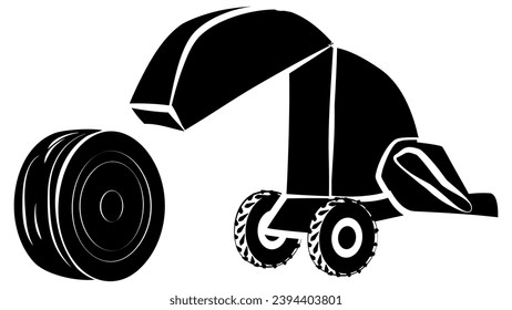 A set of agricultural machinery silhouettes isolated on white background. Combine harvester and tractor with trailer. Vector clipart.