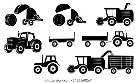 A set of agricultural machinery silhouettes isolated on white background. Combine harvester and tractor with trailer. Clipart.