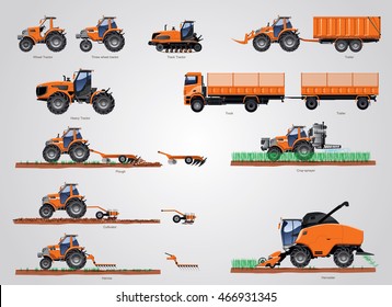 The set of Agricultural machinery. The set tractors with agricultural tools. The vector illustration of  land agricultural processing and technology.