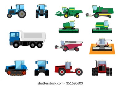 Set of agricultural machinery. Wheeled tractors, track-type tractor, truck and harvesters