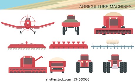 Set of agricultural machines, aircraft and equipment. Front view of farm vehicles red color isolated on white. Vector illustration