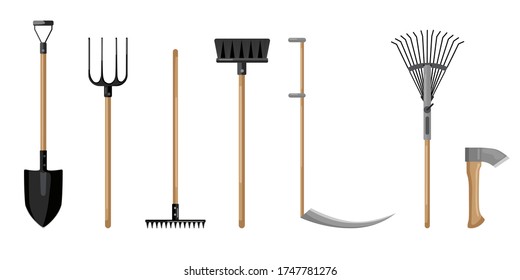 Set agricultural on white backdrop. Shovel, pitchfork, broom, axe, scythe,rake. Flat style vector illustration.