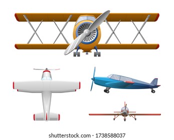 Set of agricultural propeller plane isolated on white background. Airplane in cartoon style. Vector illustration
