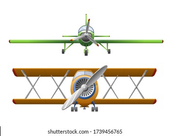 Set of agricultural propeller plane isolated on white background. Airplane in cartoon style. Vector illustration