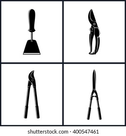 Set of Agricultural Tool Icons, Garden and Landscaping Tools ,  Hand Hoe,  Pruning Shear ,  Loppers ,   Shears , Black and White Vector Illustration