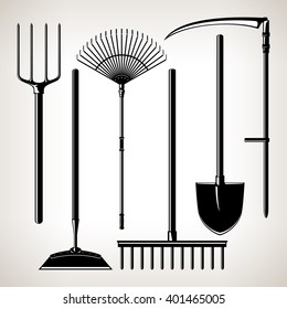 Set of Agricultural Tools Isolated on a Light Background, Silhouette Garden Equipment , Black and White  Vector Illustration