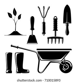 Set of Agricultural Tools, Silhouette of Garden and Landscaping Tools , Hand Rake and Hoe with Sprout and Working Rubber Boots , Rip Saw with Trowel and Wheelbarrow , Vector 