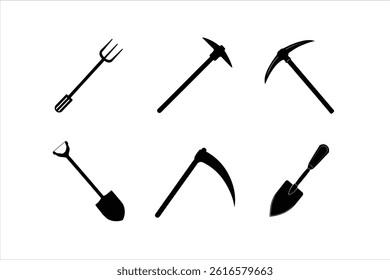 Set of agricultural tools silhouette vector.