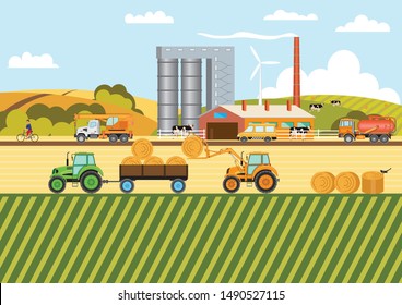 Conjunto de vehículos agrícolas y máquinas agrícolas. Tractores, minibús. Ilustración en diseño plano. Concepto de negocio agrícola. Animales de la leche de granja. Cosecha agrícola. Cosecha de heno y paja