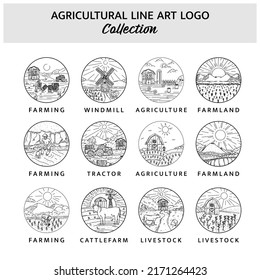 Set of agriculture and animal husbandry line art logo template design