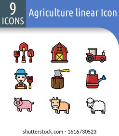 Set of agriculture colour  linear icon.Such as shovel,spoon spade,barn,