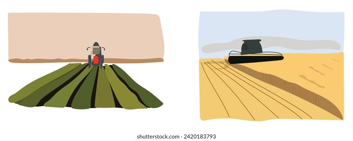 A set of Agriculture concept. Tractor plowing the field on rural landscape background. Soil cultivation process. Farm life. Сountryside landscape. Farmland vector illustration. Village industry. 