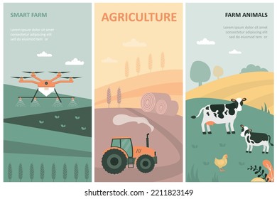 Set with agriculture, farm animals, smart farming. Vertical banners - spraying irrigation drone, tractor on field, poultry and cows, agribusiness and technology. Template for poster, annual report.