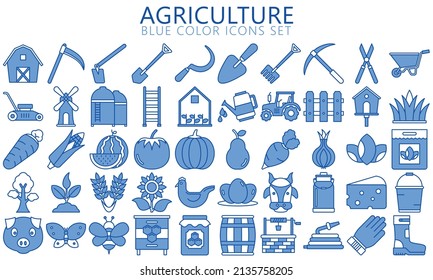 Set of Agriculture and Farming blue color Icons. Contains such Icons farmers equipment, tractors, vegetables. Used for web, UI, UX kit and applications, vector EPS 10 ready convert to SVG.