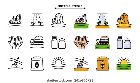 Set of Agriculture and Farming Color Icons set. Editable stroke. Vector farmers market icons. Modern agriculture logo symbols collection. Organic farming pictograms in simple style.