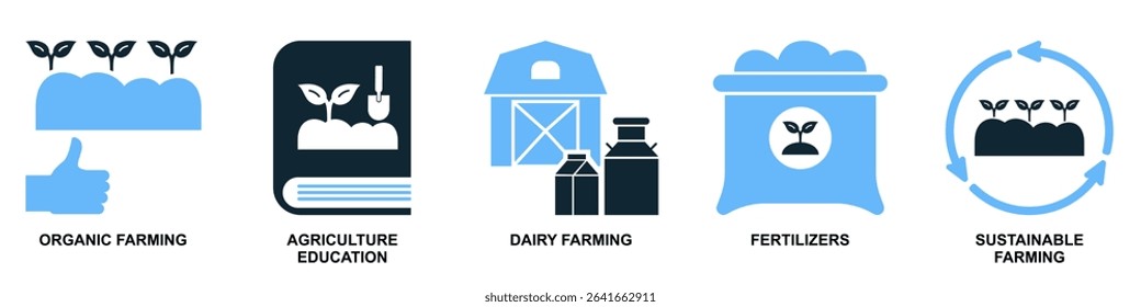 Set agriculture farming icon vector for various aspects of cultivation, livestock, and rural life. Ideal for agricultural businesses, food production, and sustainable development themes.