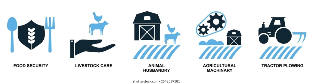 Set agriculture farming icon vector for various aspects of cultivation, livestock, and rural life. Ideal for agricultural businesses, food production, and sustainable development themes.