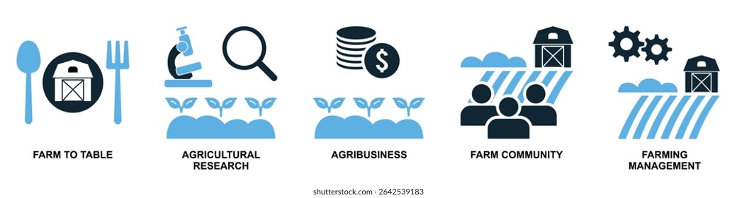 Set agriculture farming icon vector for various aspects of cultivation, livestock, and rural life. Ideal for agricultural businesses, food production, and sustainable development themes.