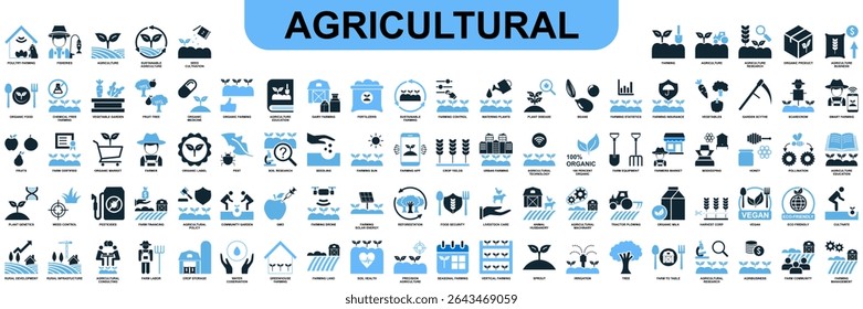 Set agriculture farming icon vector for various aspects of cultivation, livestock, and rural life. Ideal for agricultural businesses, food production, and sustainable development themes.