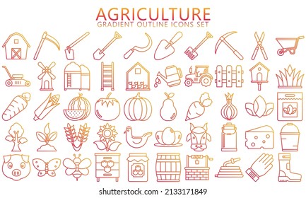 Set of Agriculture and Farming Icons. Contains such Icons farmers equipment, tractors, vegetables. Used for web, UI, UX kit and applications, vector EPS 10 ready convert to SVG.