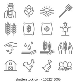 Set of Agriculture and Farming Line Icon. Included the icons as barley, artichoke, barn, fertilizer, gardener, scarecrow, flower, chicken, duck and more.