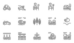 Set Of Agriculture And Farming Line Icons. Contains Such Icons Harvester Trucks, Tractors, Farmers And Village Farm Buildings. Editable Stroke. 48x48 Pixel Perfect.