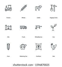 Set of Agriculture and Farming Line Icons. Contains such Icons Harvester trucks, tractors, farmers and village farm buildings. Editable Stroke. 62x62 Pixel Perfect.