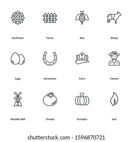 Set of Agriculture and Farming Line Icons. Contains such Icons Harvester trucks, tractors, farmers and village farm buildings. Editable Stroke. 62x62 Pixel Perfect.