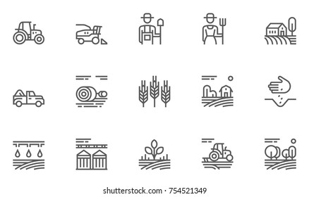 Set of Agriculture and Farming Line Icons. Contains such Icons Harvester trucks, tractors, farmers and village farm buildings. Editable Stroke. 48x48 Pixel Perfect.