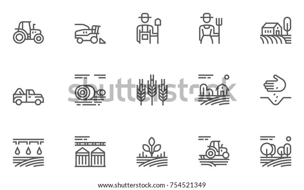 Set of Agriculture\
and Farming Line Icons. Contains such Icons Harvester trucks,\
tractors, farmers and village farm buildings. Editable Stroke.\
48x48 Pixel Perfect.