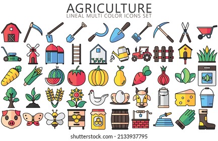 Set of Agriculture and Farming lineal multi color Icons. Contains such Icons farmers equipment, tractors, vegetables. Used for web, UI, UX kit and applications, vector EPS 10 ready convert to SVG.