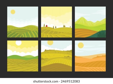 Set of agriculture field background set collection for social media post, farm card background. countryside landscape, eco horizontal panorama template. Nature backdrop.